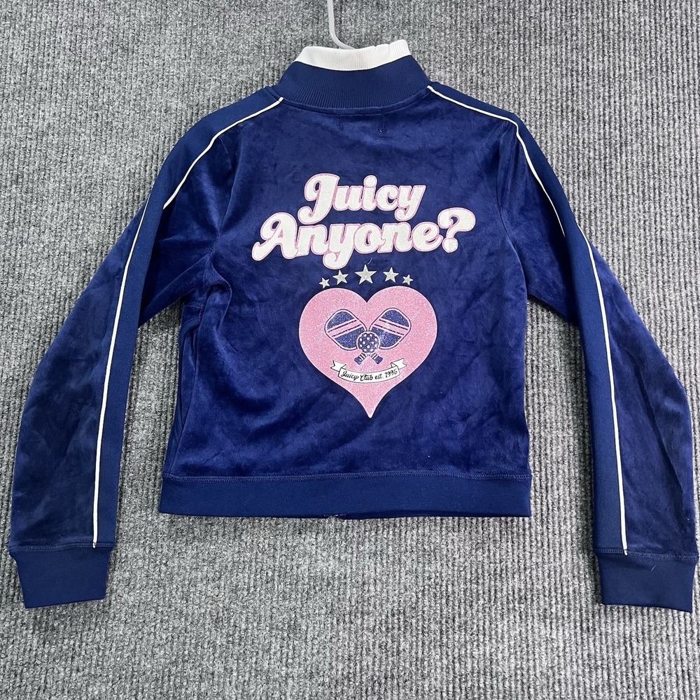 Juicy‎ Couture Blue Velour Track Jacket Juicy Anyone Pickleball Heart Navy M - Picture 5 of 6